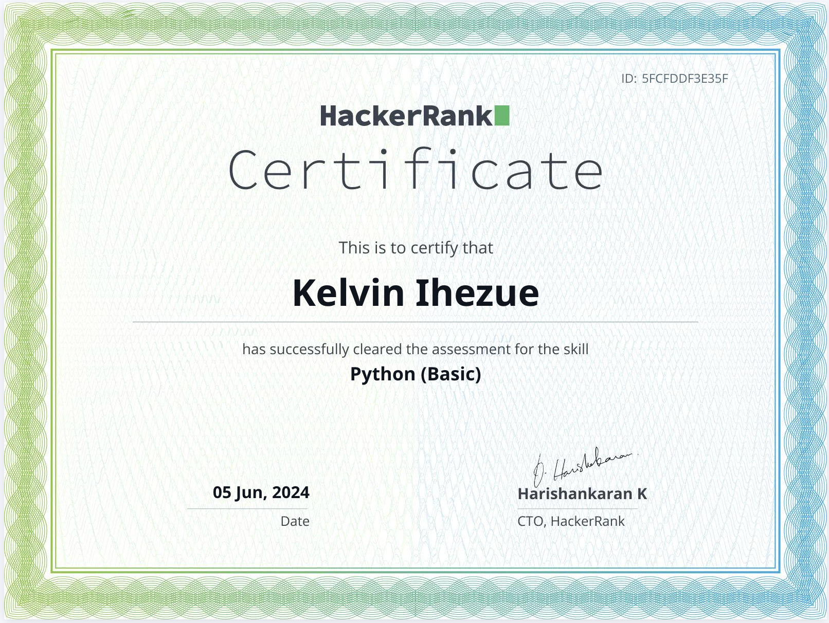 A picture of my Python Basic certificate